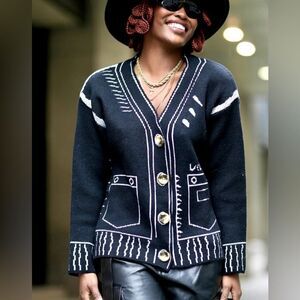 COMIC EFFECT CONTRAST KNIT CARDIGAN BLACK & WHITE ONE SIZE